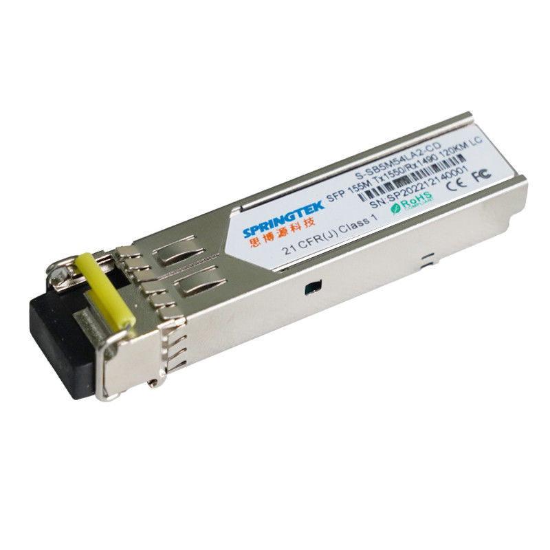 ยี่ห้อที่เข้ากันได้ 155M Single Mode BiDi 120km LC Tx1550 / Rx1490nm DDM SFP Industrial Fiber Optic Module